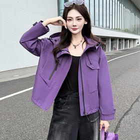 QYM 5906-Y时尚连帽短款外套气质拼接宽松休闲上衣