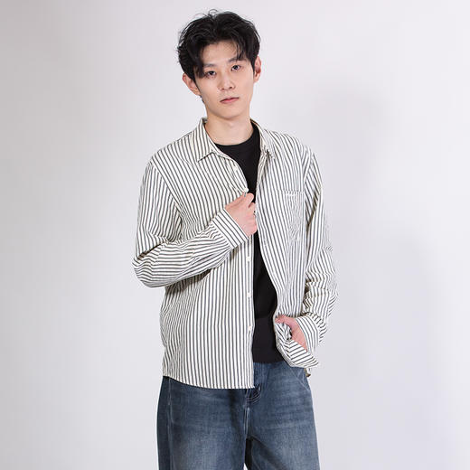 DRONKOO 2025 翻领左贴袋刺绣字母竖条修身款长袖中厚衬衣 商品图2