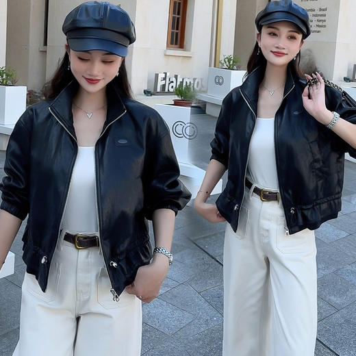 QYM 7728-Y时尚皮衣PU短外套抽绳收腰皮夹克 商品图3