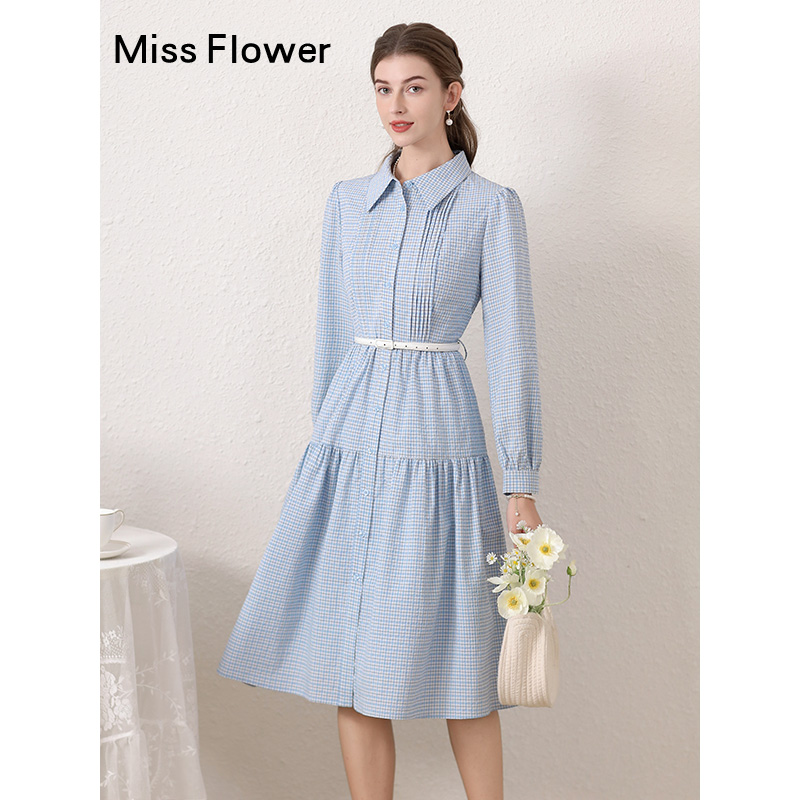 蓝色气质格子polo领连衣裙女春季新款减龄高腰显瘦裙子
