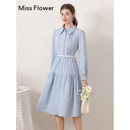 蓝色气质格子polo领连衣裙女春季新款减龄高腰显瘦裙子 商品图0