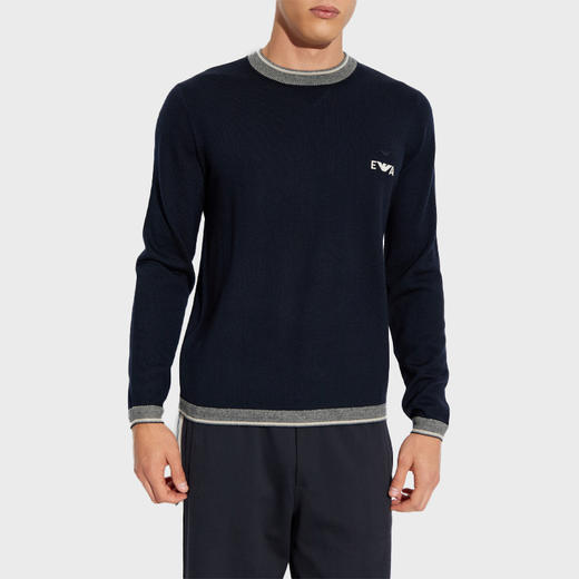 EMPORIO ARMANI 阿玛尼 男士 EA 徽标刺绣羊毛圆领长袖针织衫 深蓝色 EM003387 AF14697 UB118 商品图1