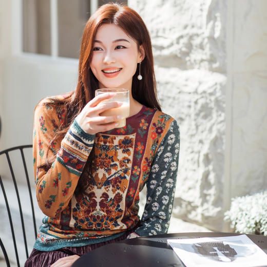 【林栖设计小店】（现货）绵羊毛毛织上衣鸳鸯提花秋色印花修身显瘦气质2025早秋新款针织衫女1953040 商品图0