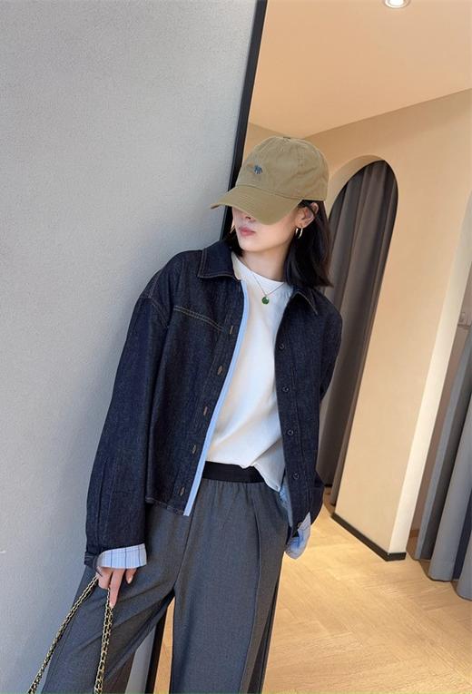 小众原单拼接格纹天丝翻领牛仔外套女 商品图6