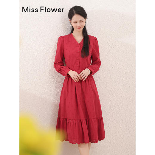 红色复古纯棉重工连衣裙女春季新款气质收腰显瘦长裙子 商品图0