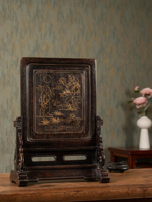 清	紫檀嵌银丝童子采莲插屏 商品图0