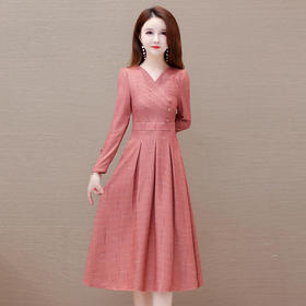 QYM 25CXB17 -Y长袖V领连衣裙洋气春秋收腰小香风气质时尚百褶裙