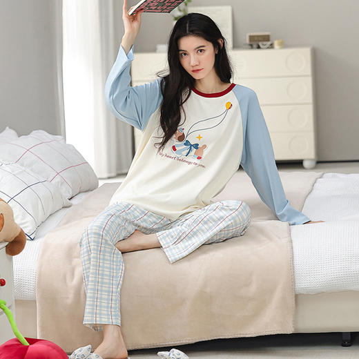 春秋全棉长袖睡衣 甜美可爱长袖休闲圆领家居服套装 商品图2