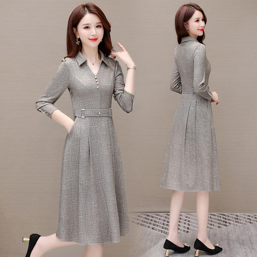 QYM 25CXB06衬衫领连衣裙高腰长袖中长款时尚A字裙 商品图2