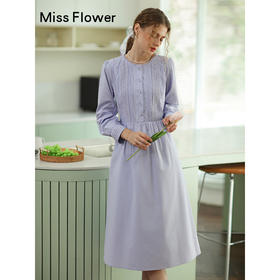 紫色纯棉法式气质连衣裙春季新款长裙收腰纯色裙子