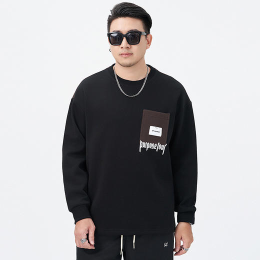 【DMH】大依优型大码男装休闲卫衣拼接印花口袋圆领长袖本布下摆宽松日系潮牌 商品图5