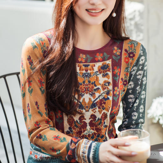 【林栖设计小店】（现货）绵羊毛毛织上衣鸳鸯提花秋色印花修身显瘦气质2025早秋新款针织衫女1953040 商品图4