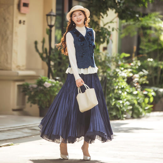 【林栖设计小店】（藏青色/黑色预售12.11）碎钻手工捏褶皱半身裙紫色2025秋季拼真丝休闲文艺新款长裙女1953039 商品图8