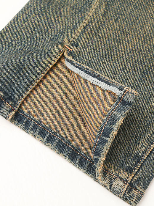 韩系高腰直筒开叉牛仔裤女 复古做旧宽松显瘦拖地阔腿长裤 商品图4