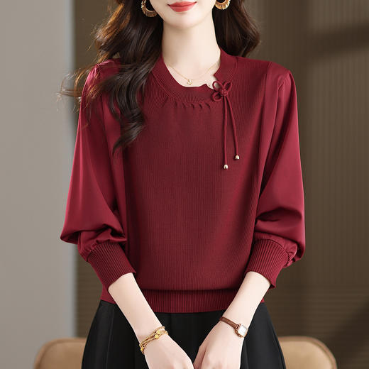 新中式国风针织衫上衣，薄款长袖拼接圆领毛衣CC-MH-25259 商品图0