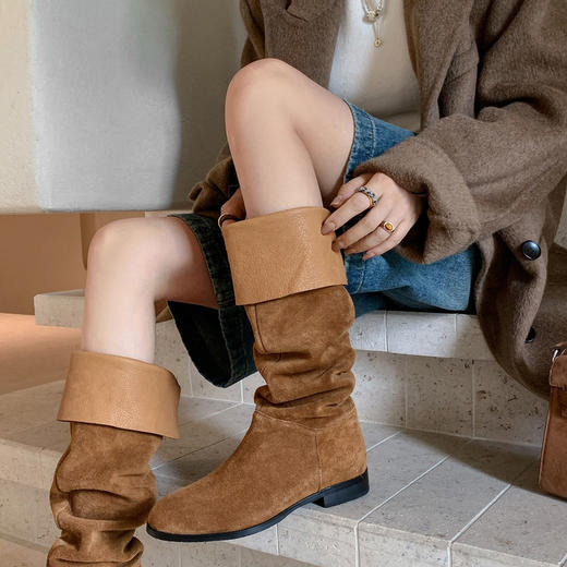 【预售7天】巨好看真皮平底堆堆靴长筒靴女新款显瘦美拉德棕色高筒骑士靴XDRL&1220 商品图4