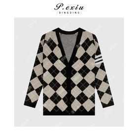 PanYiXiu/潘依绣【英伦学院】羊毛英伦风慵懒菱格提花针织开衫Z103