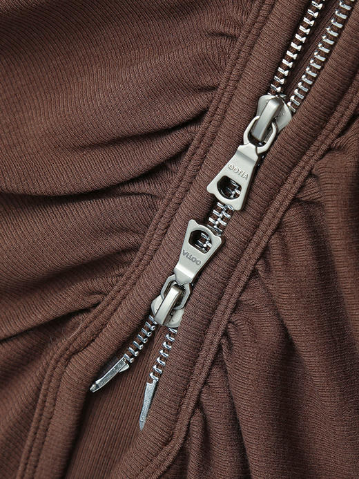 拉链 V 领褶皱修身显瘦棕色长袖上衣 商品图3