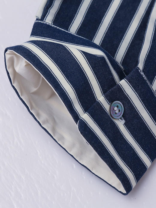 韩系宽松蓝白竖条纹衬衫女 休闲百搭翻领上衣 商品图4