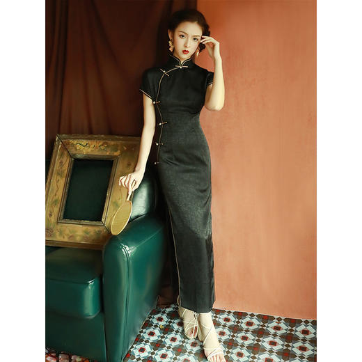 黑色旗袍改良少女复古老上海中国风修身日常连衣裙长款文艺复古 商品图1