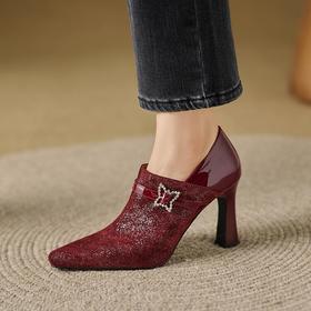 【预售5天】新款百搭秋季酒红色粗跟水钻高跟鞋女深口气质单鞋羊皮鞋QS&730