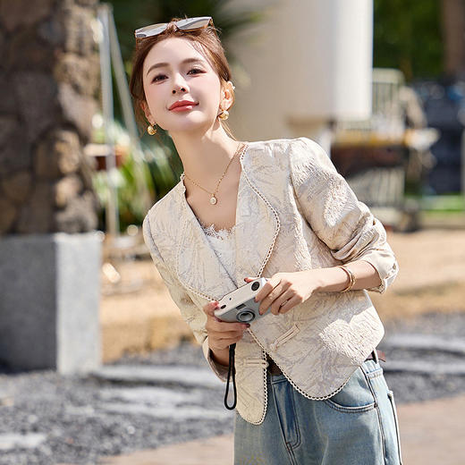 新中式国风竹叶提花，气质短外套轻奢撞色翻领西装上衣HR-LT8775 商品图3