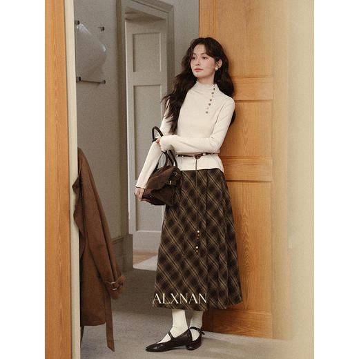 鹿向南「年轮心事」咖色复古格子半身裙女秋季新款巨好看高腰长裙 商品图2