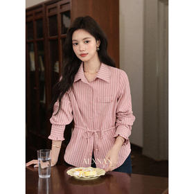 鹿向南「香榭粉雾」设计感粉色条纹长袖衬衫女初秋巨显瘦开衫上衣L57578
