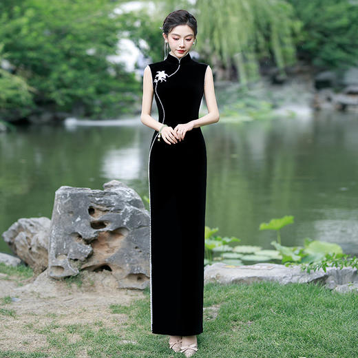 修身形体礼仪珍珠丝绒复古修身演出走秀旗袍YD4502 商品图0