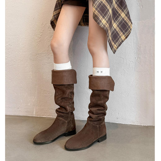 【预售7天】巨好看真皮平底堆堆靴长筒靴女新款显瘦美拉德棕色高筒骑士靴XDRL&1220 商品图1