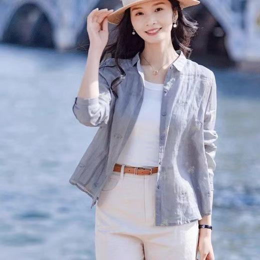 流行灰色苎麻衬衫女长袖宽松春装2025年新款女装休闲气质刺绣上衣 商品图0