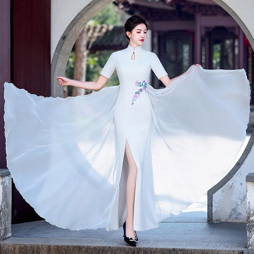 中国风高开叉燕尾纱修身改良走秀演出旗袍YD3/16-07 商品图1