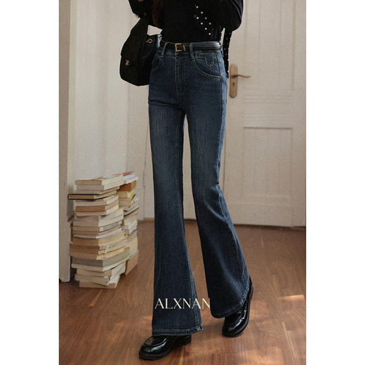 鹿向南「雁吻云边」蓝色复古微喇直筒修身牛仔裤秋新款通勤长裤女 商品图2