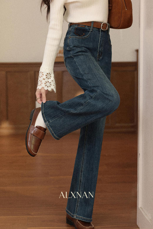 鹿向南「松弛自在」复古蓝色高腰牛仔裤女秋新款显瘦遮肉直筒长裤 商品图5