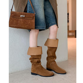 【预售7天】巨好看真皮平底堆堆靴长筒靴女新款显瘦美拉德棕色高筒骑士靴XDRL&1220