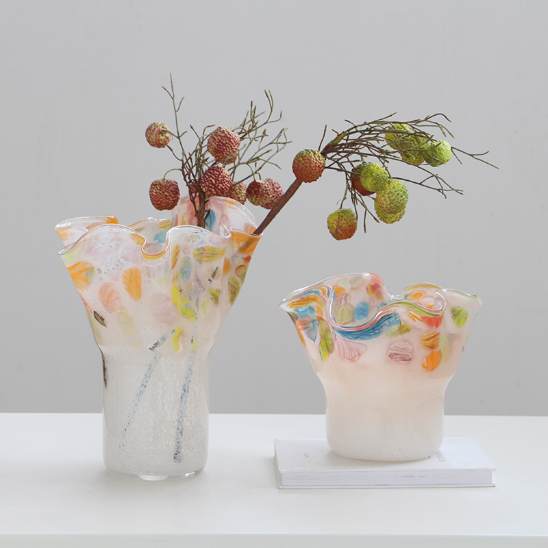 法式中古敞口不规则渐变玻璃插花瓶摆件家居客厅餐桌玄关创意装饰