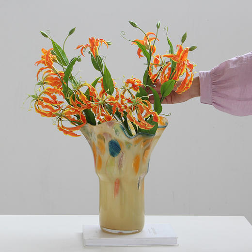 高级感水彩手工玻璃花瓶中古奶油色玄关琉璃法式插花器装饰品摆件 商品图1