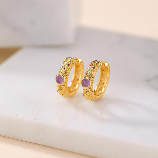 紫水晶S925纯银镀金唐草纹，圆珠镂空新中式耳环CW-EJ00734 商品图0