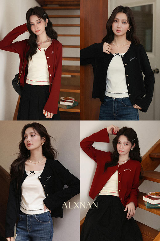 鹿向南「温莎情书」早秋黑色圆领长袖针织开衫新款宽松休闲上衣女 商品图5