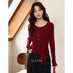 鹿向南「圣蒂斯日记」设计感红色长袖T恤女秋季修身显瘦圆领上衣