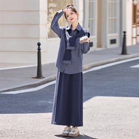 韩系气质披肩条纹衬衫套装，优雅大气半身裙三件套HR-YF2617