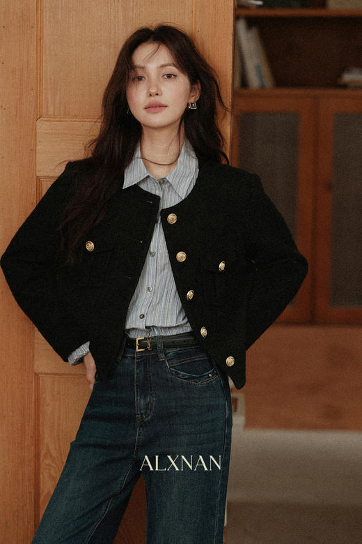 鹿向南「航海日记」黑色复古短款外套女早秋新款小香风休闲外衣 商品图5