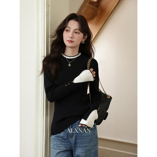 鹿向南「可可罗曼史」设计感撞色针织衫长袖显瘦打底衫上衣女初秋 商品图1