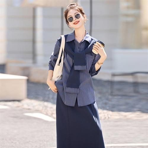 韩系气质披肩条纹衬衫套装，优雅大气半身裙三件套HR-YF2617 商品图1
