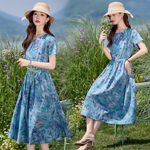 NYMYZ302时尚碎花棉麻短袖连衣裙女夏2025新款收腰显瘦度假风休闲气质裙子 商品图0