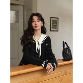 鹿向南「普拉多艺术展」学院风黑色短款长袖针织衫女初秋开衫上衣L57517-L57518