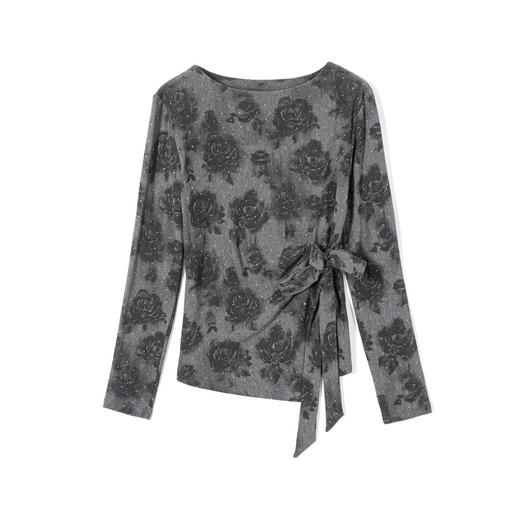 KQLE37M29332025秋季新款气质一字领灰色印花烫钻系带长袖网纱打底上衣女 商品图1