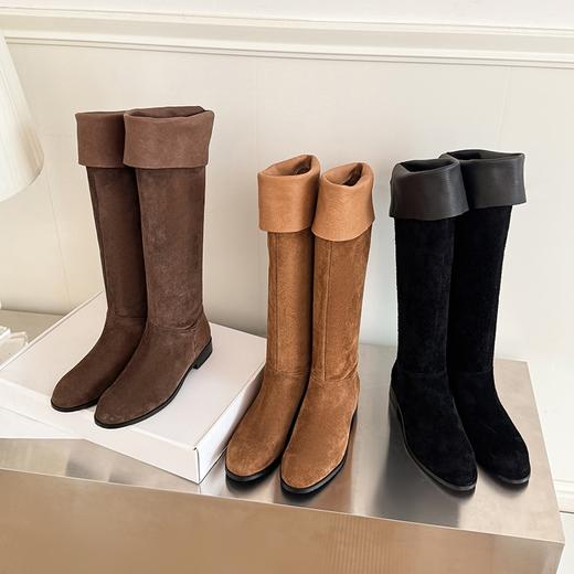 【预售7天】巨好看真皮平底堆堆靴长筒靴女新款显瘦美拉德棕色高筒骑士靴XDRL&1220 商品图3