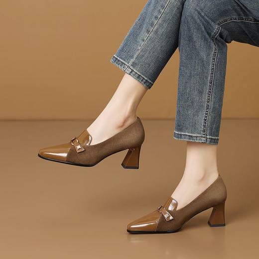 【预售5天】磨砂羊皮牛漆皮搭配，粗跟中口方圆头高跟单鞋女鞋子HY&H3570 商品图2