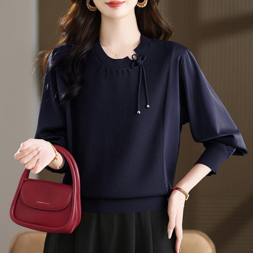 新中式国风针织衫上衣，薄款长袖拼接圆领毛衣CC-MH-25259 商品图3
